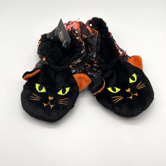 HYDE and EEK BOUTIQUE Cute Sequin Cat Slippers Sz M/L 8-10 Black Orange Grippers - Picture 1 of 5